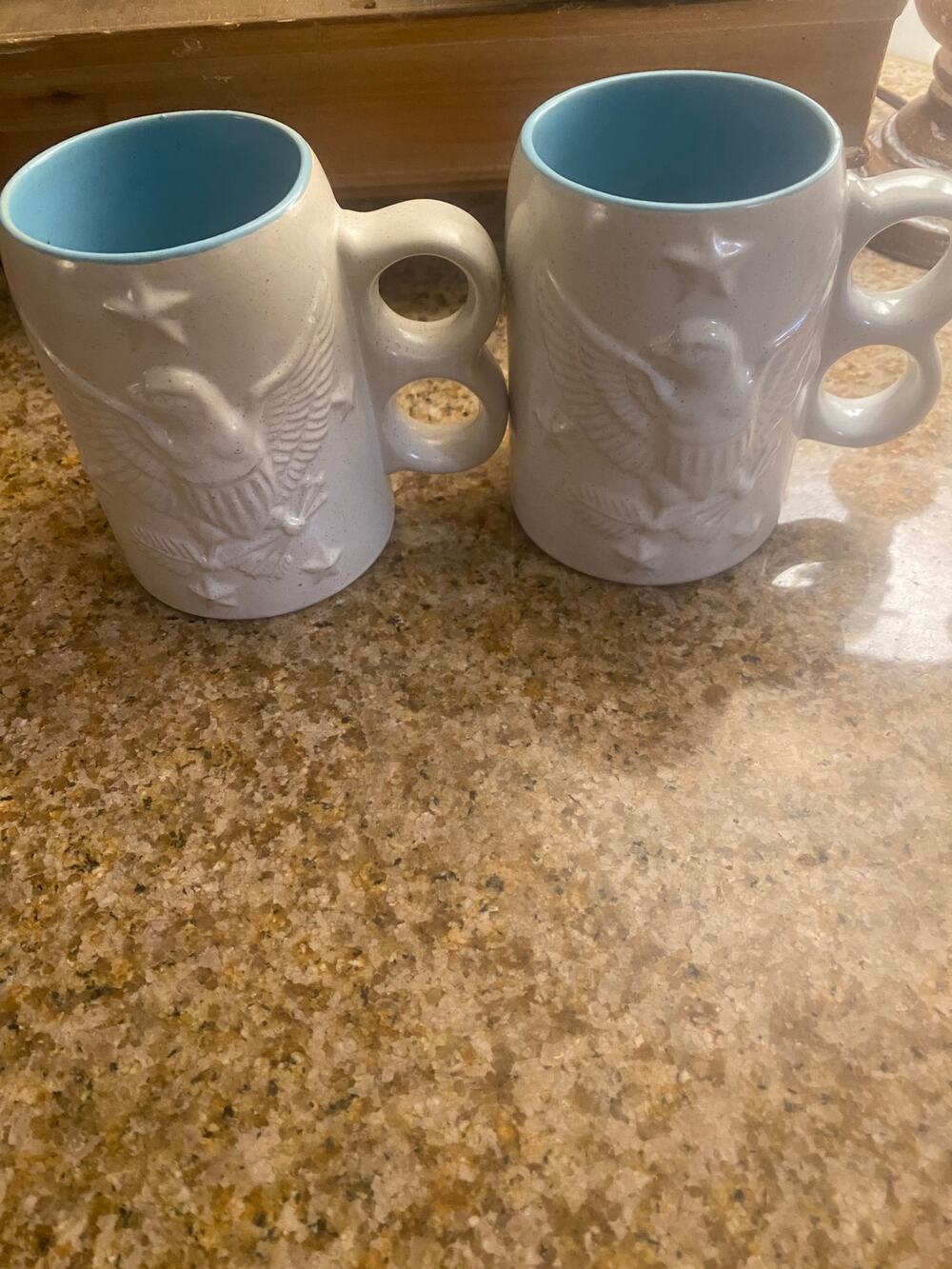 Embossed Vtg Eagle  Mugs White & Light Blue Interior Double Finger Set of 2